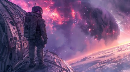 Portray a lone astronaut making repairs on the outer hull of a starship, with a breathtaking nebula visible in the void beyond