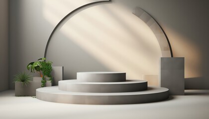 A podium with a plant on the left side and a geometric shape on the right side.
