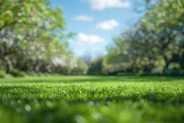 Beautiful blurred background image of spring nature with a neatly trimmed lawn surrounded by trees against a blue sky with clouds on a bright sunny day - generative ai