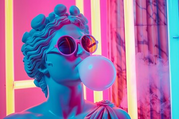 cool ancient greek statue wearing sunglasses and blowing bubble gum on neon background contemporary art