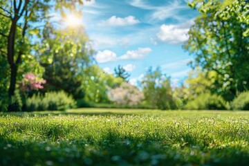 Beautiful blurred background image of spring nature with a neatly trimmed lawn surrounded by trees against a blue sky with clouds on a bright sunny day - generative ai