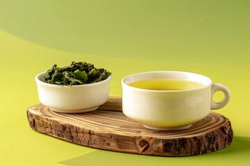 Cup of green tea on a bamboo stand with a green background