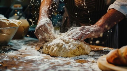 Unrecognizable man hands prepare dough for croissant sweet dessert