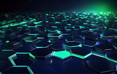 Obraz premium Background featuring an abstract blue hexagon with vibrant green neon lines