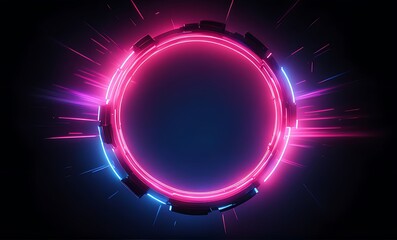  pink circle light frame on black background. Pink light effects on round placeholder for your text on dark background. A blue glowing circle. For futuristic or technology-themed designs 