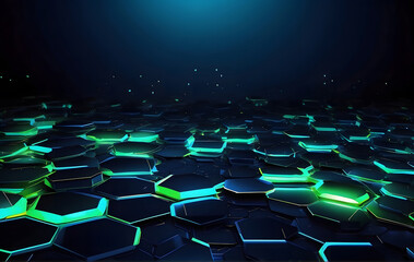 Background featuring an abstract blue hexagon with vibrant green neon lines