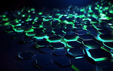 Obraz premium Background featuring an abstract blue hexagon with vibrant green neon lines