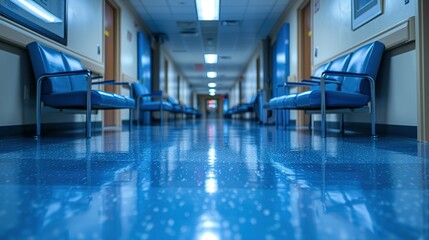Line of Azure Seating in Abandoned Hospital Hall