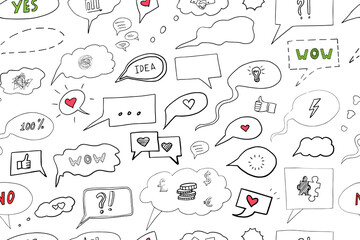 Cute seamless pattern of speech bubbles in doodle style. Speech balloons. Great for banners, web, posters, cards, stickers and professional designs. Hand-drawn vector illustration