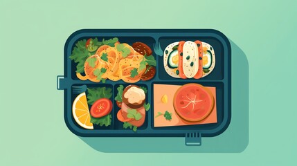 A delicious and healthy lunchbox with a variety of food. It includes a salad, a sandwich, fruit, and yogurt.