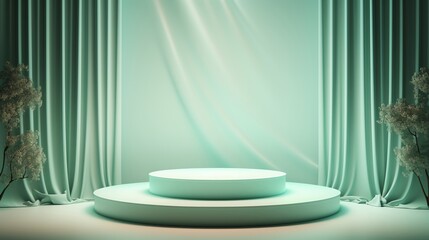 Round stage podium with minimal green curtain backdrop.