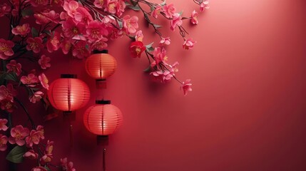 Chinese lanterns, pink flower wall decoration.