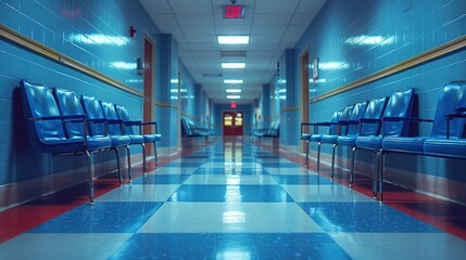 Fototapeta premium Line of Vacant Cobalt Seating in Empty Hospital Walkway