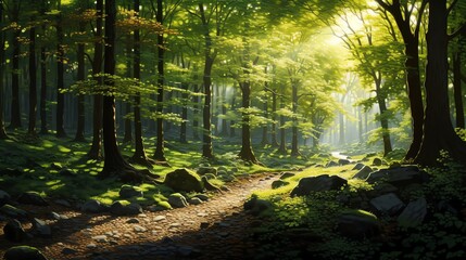 The photo shows a beautiful forest with a path going through it. The sun is shining through the trees.