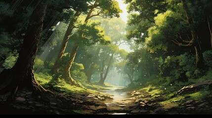 The photo shows a dense forest with green trees and a path leading into the distance. The sun is shining through the trees.