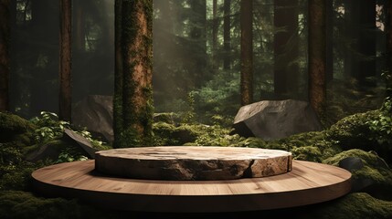 The photo shows a wooden podium in a lush green forest.