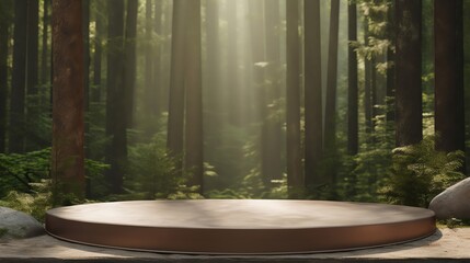 Rustic wooden circular product podium set in a serene forest environment, natural surroundings.