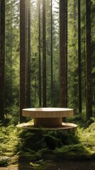 The photo shows a wooden table in the middle of a lush green forest. The sun is shining through the trees, creating a magical atmosphere.