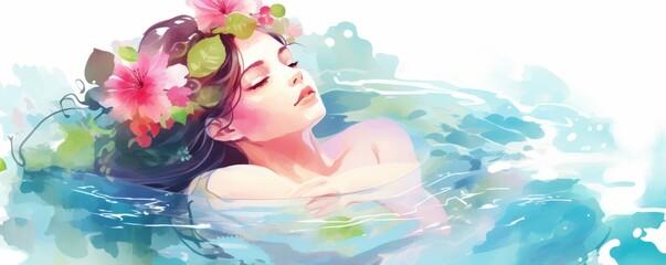 The watercolor painting shows a beautiful woman with flowers in her hair, bathing in a crystal clear lake.