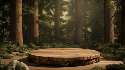 The wooden podium is placed in the middle of a dense green forest.