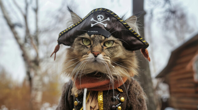 A sleek cat dressed as a pirate with a detailed eye-patch and a small hat