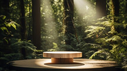 The wooden table is placed in the middle of the forest. The sun shines through the tall trees.