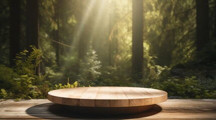 The wooden table is placed in the middle of the forest. The sun shines through the trees. The table is empty and ready to be used for a variety of purposes.