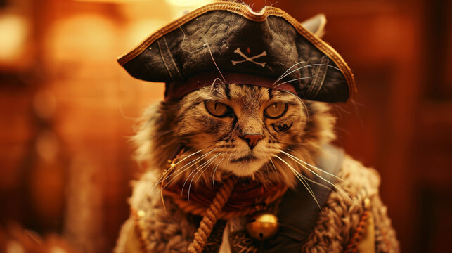A sleek cat dressed as a pirate with a detailed eye-patch and a small hat