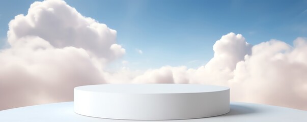 Minimalist white circular product podium nestled among gentle cottonlike clouds, creating a tranquil and heavenly setting.