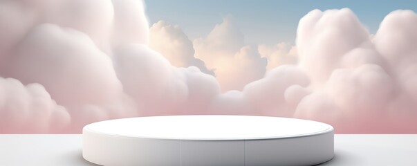 White podium or pedestal for product showcase with soft pink and blue pastel clouds background.