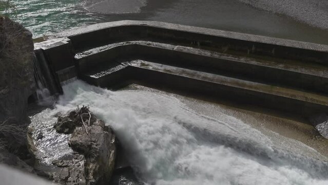 Lechfall waterfall, Lech river near Fussen, Ostallgaeu, Allgaeu, Swabia, Bavaria, Germany, Europe. Gedenkstein Via Claudia Augusta. Maxsteg Fussen. Wehr WKW Mangfall. King Max jetty. 