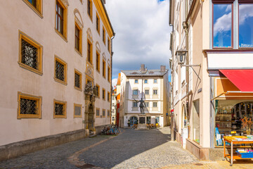 The historic Statue of Don Juan de Austria in a picturesque section of the old town Altstadt district of the Bavarian city of Regensburg, Germany.