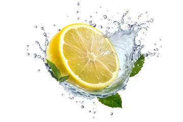 A vibrant lemon water splash isolated on a white transparent background, PNG format. Featuring lemon fruit slices, leaves, and water splashes, with background water waves and citrus pieces and mint