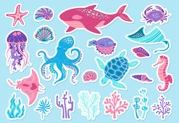 Ocean sea animals cartoon sticker style set. Marine funny comic flat design for children jellyfish, seashell and seahorse, fish. Nautical undersea starfish, turtle octopus, crab, whale, medusa vector
