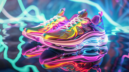 Vibrant colorful amazing crazy pair of sports shoes reflecting fashion in year 3000,