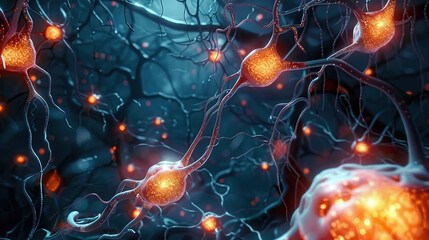 Vast neural network with glowing neurons interconnected, Human brain neurons. Generative AI