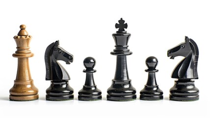 Chess pieces on white background, showcasing contrast between black and