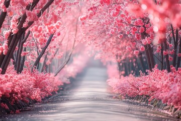 A road lined with pink cherry trees - Powered by Adobe