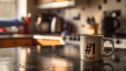White mug with "#1 Dad" on kitchen counter at sunrise