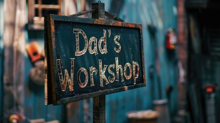 Rustic sign reading "Dad's Workshop" with blurred background - Powered by Adobe