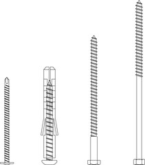 vector illustration, sketch, design, detailed drawing, collection of bolt screws