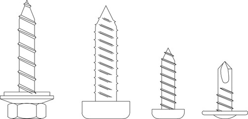 vector illustration, sketch, design, detailed drawing, collection of bolt screws