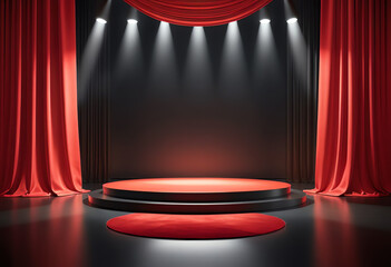 3D showcase stage mockup with red curtain