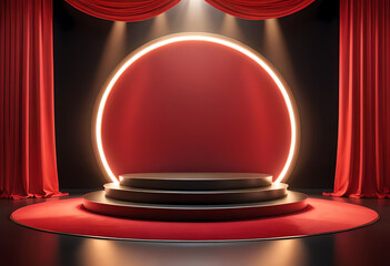 3D black stage showcase mockup with spotlight and red curtain