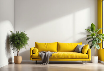 blank white wall living room home interior with yellow sofa green plant