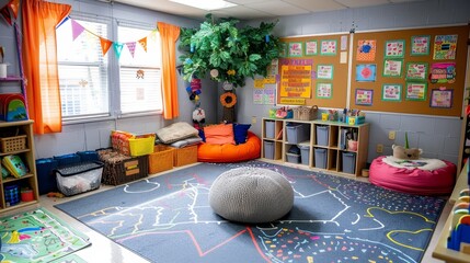 Classroom setup and decor. colorful bulletin boards and cozy reading corners for students