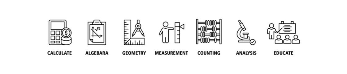 Mathematics banner web icon set vector illustration concept with icon of calculate, algebra, geometry, measurement, counting, analysis and educate