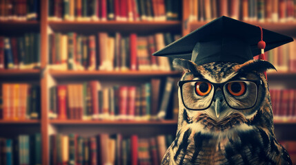 Captured image of an owl wearing glasses and a graduation cap, wise and studious expression