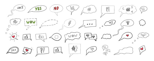 Large set of speech bubbles in doodle style. Speech balloons. Great for banners, web, posters, cards, stickers and professional designs. Hand-drawn vector illustration. Isolated on white background