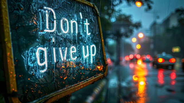 "Don't Give Up" Sign in a Rainy City Street at Night - Motivation, Urban Inspiration, Encouragement, Perseverance, Life Challenges
